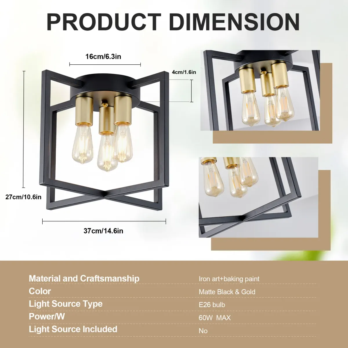 Geometric chandelier, 3 lights, black and gold, dimension drawing 1