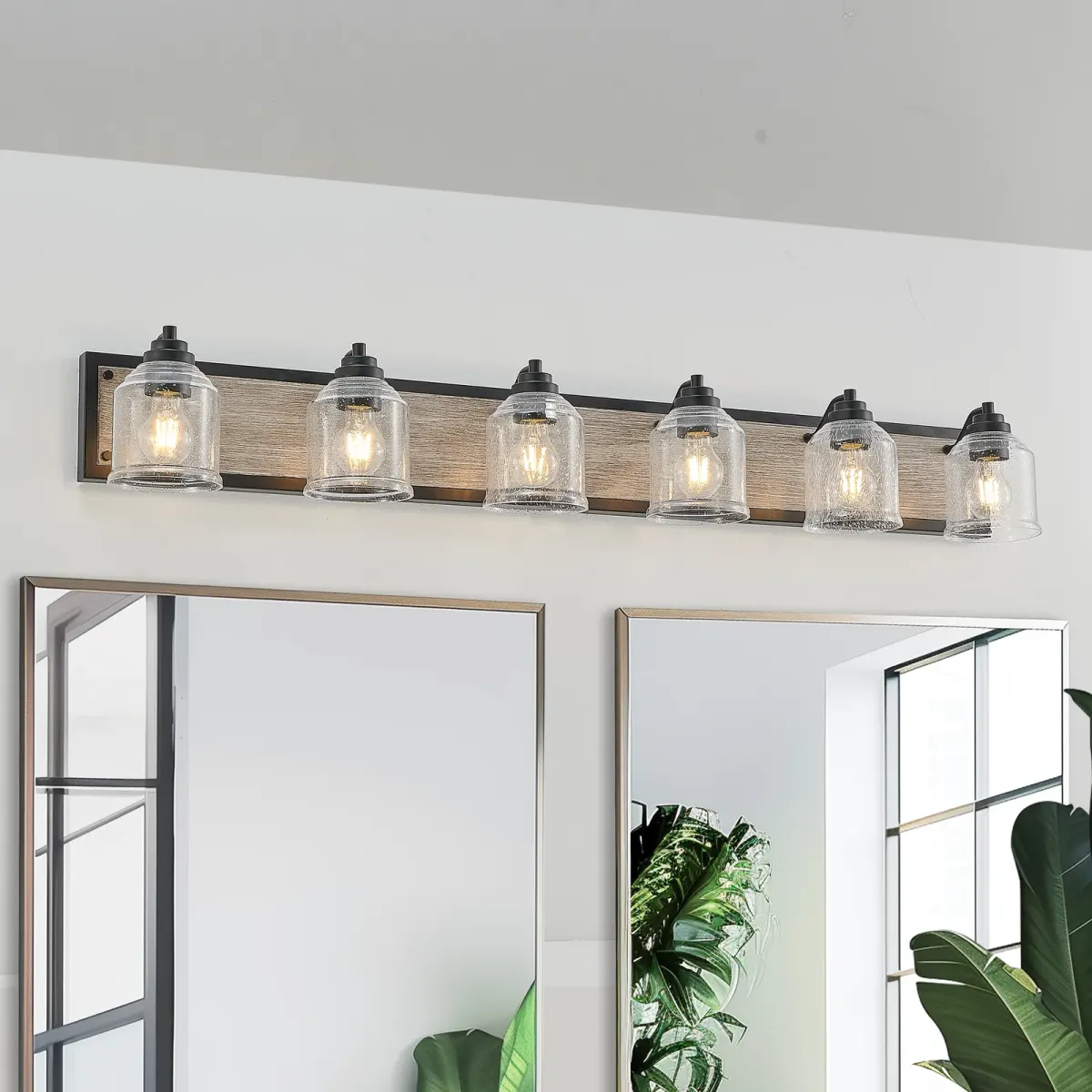 Seeded glass wood vanity bar, 6 lights, black