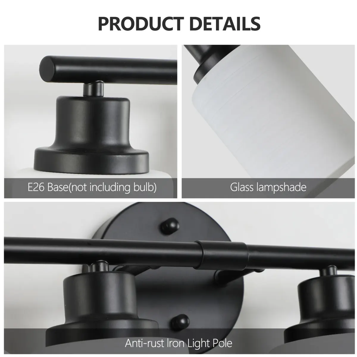 Frosted glass vanity sconce, 5 lights, black, view 6