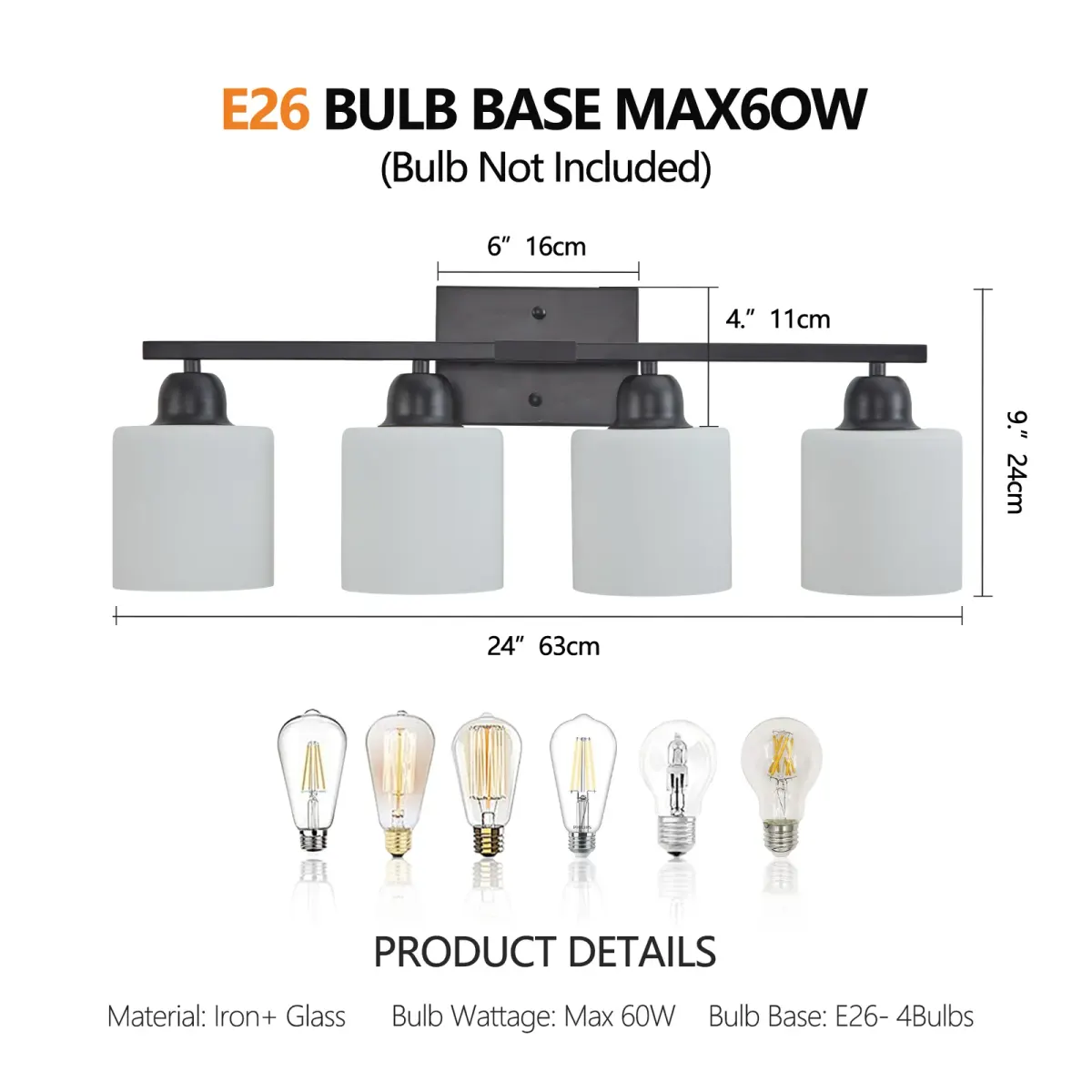 Frosted glass vanity bar, 4 lights, black, dimension drawing 1