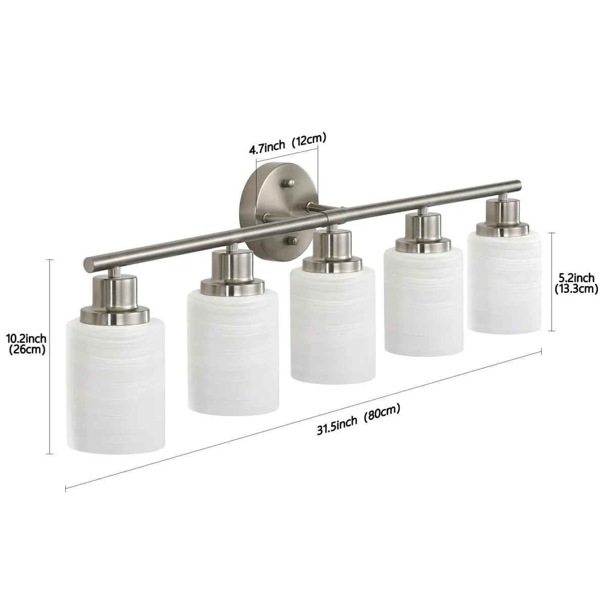 Frosted glass vanity sconce, 5 lights, chrome, dimension drawing 1