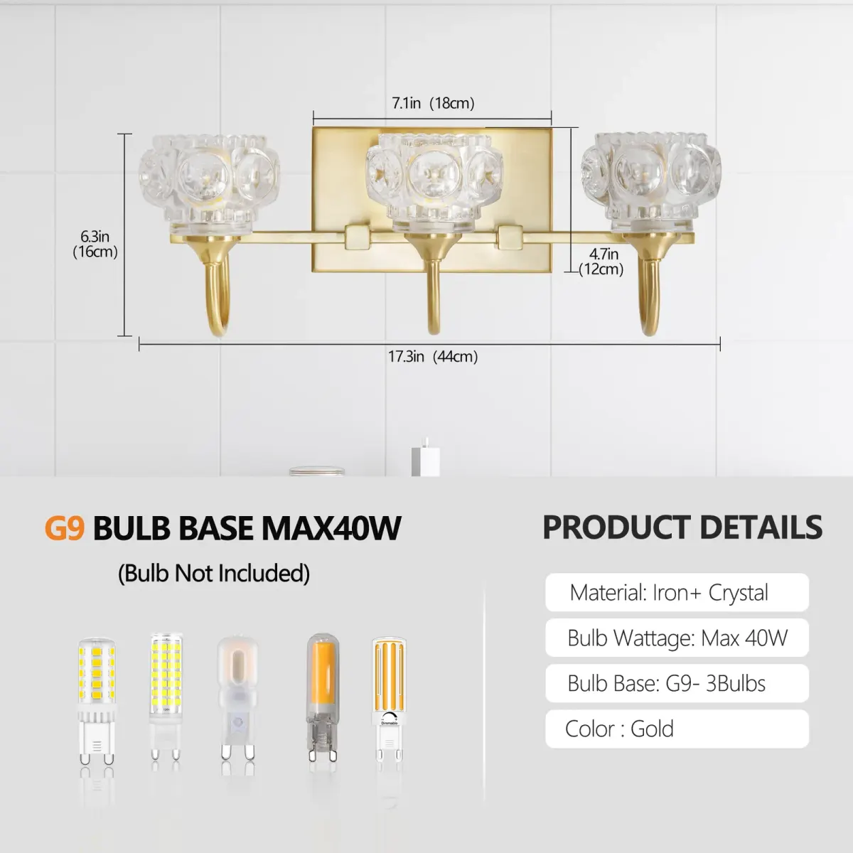 Crystal glass vanity bar, 3 lights, gold, dimension drawing 1