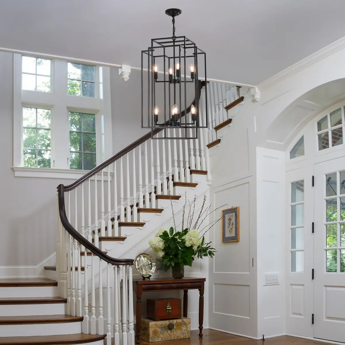 Geometric pendant chandelier, 8 lights, black