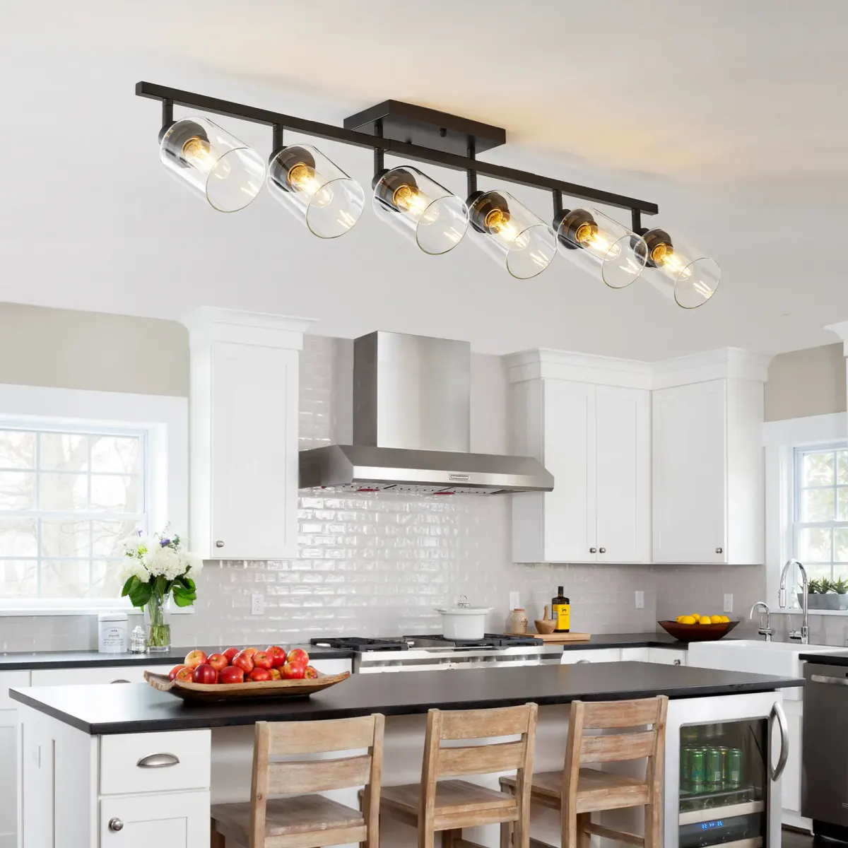 Clear glass semi-flush mount, 6 lights, black