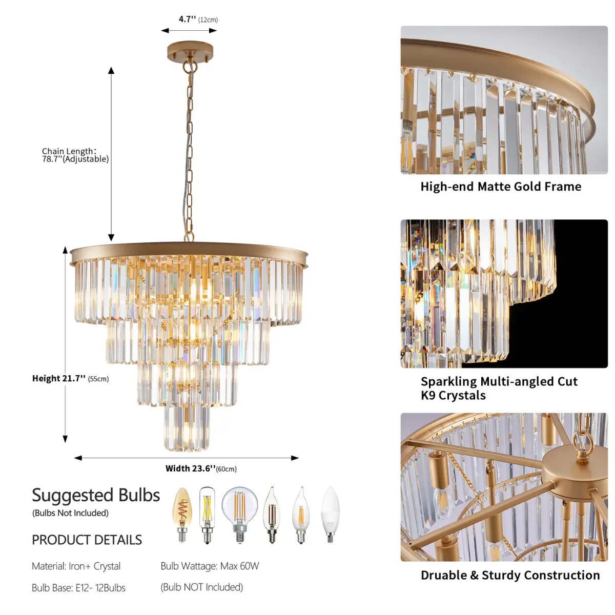 Crystal chandelier, 23.6 in, gold (L005006-D600-P12G), dimension drawing 1