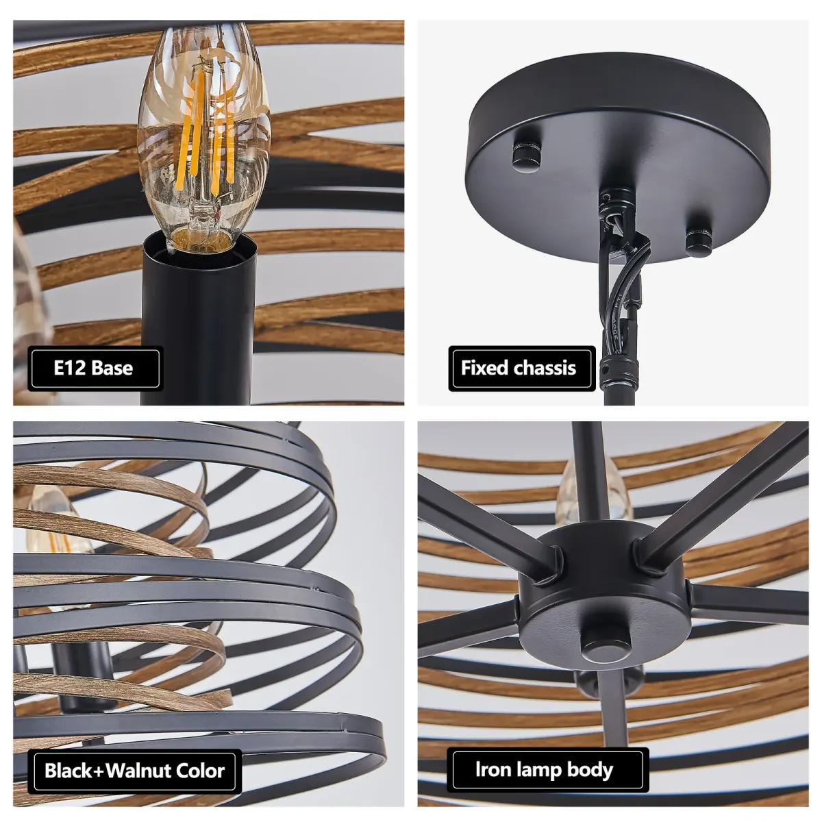 3-light wood cage chandelier, walnut, manufacturer image 1