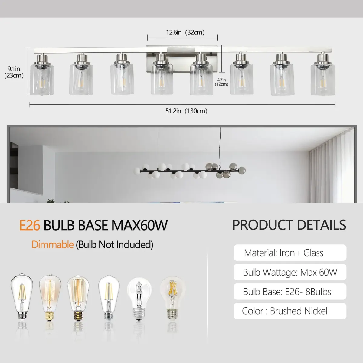 Clear glass vanity bar, 8 lights, chrome, dimension drawing 1