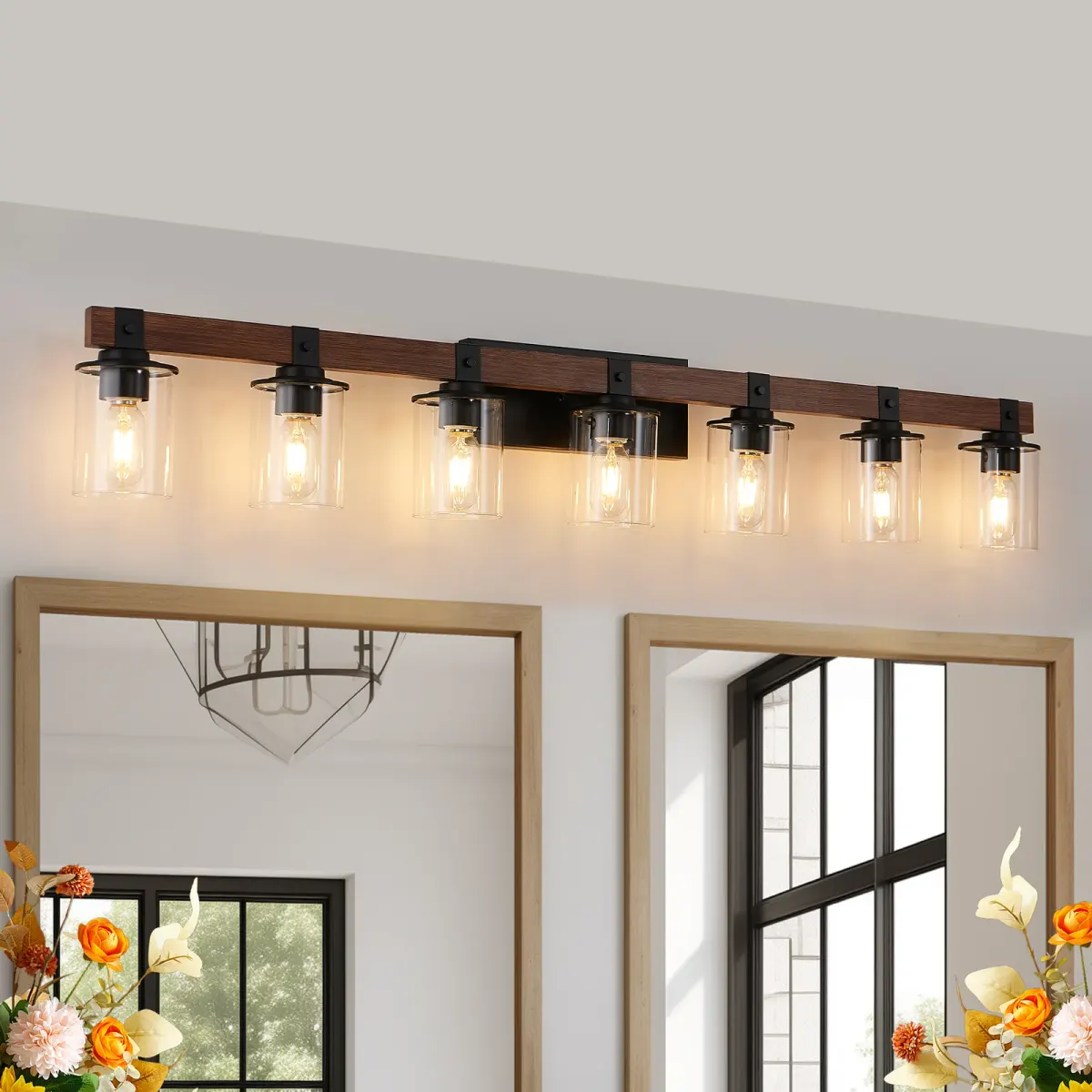 Wood vanity bar, 7 lights, walnut, view 7
