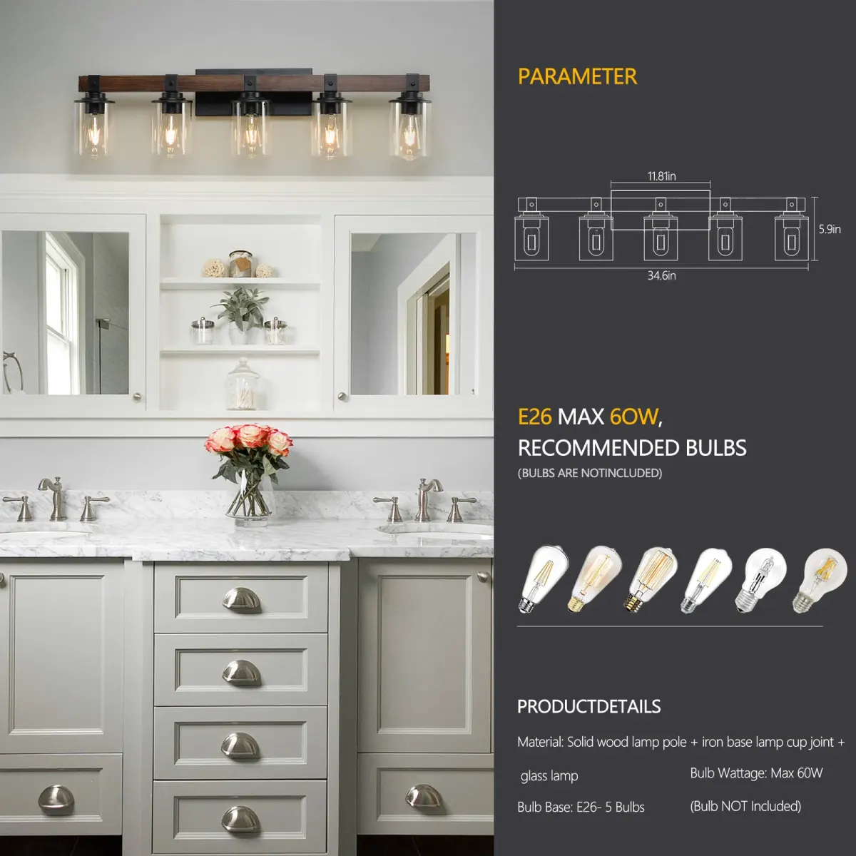 Wood vanity bar, 5 lights, walnut, manufacturer image 1