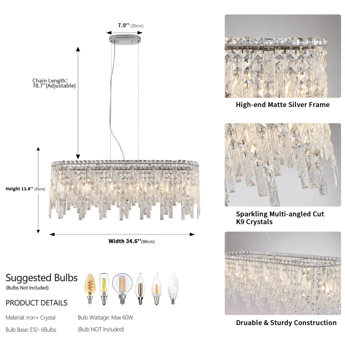 Crystal chandelier, 34.6 in, chrome, dimension drawing 1