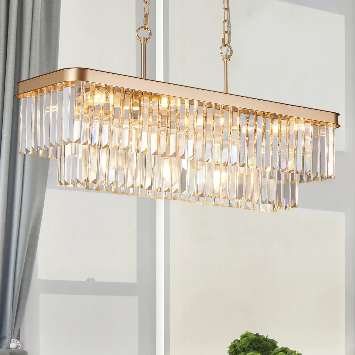 Crystal rectangle chandelier, 33.5 in, 33.5 in, gold, manufacturer image 1