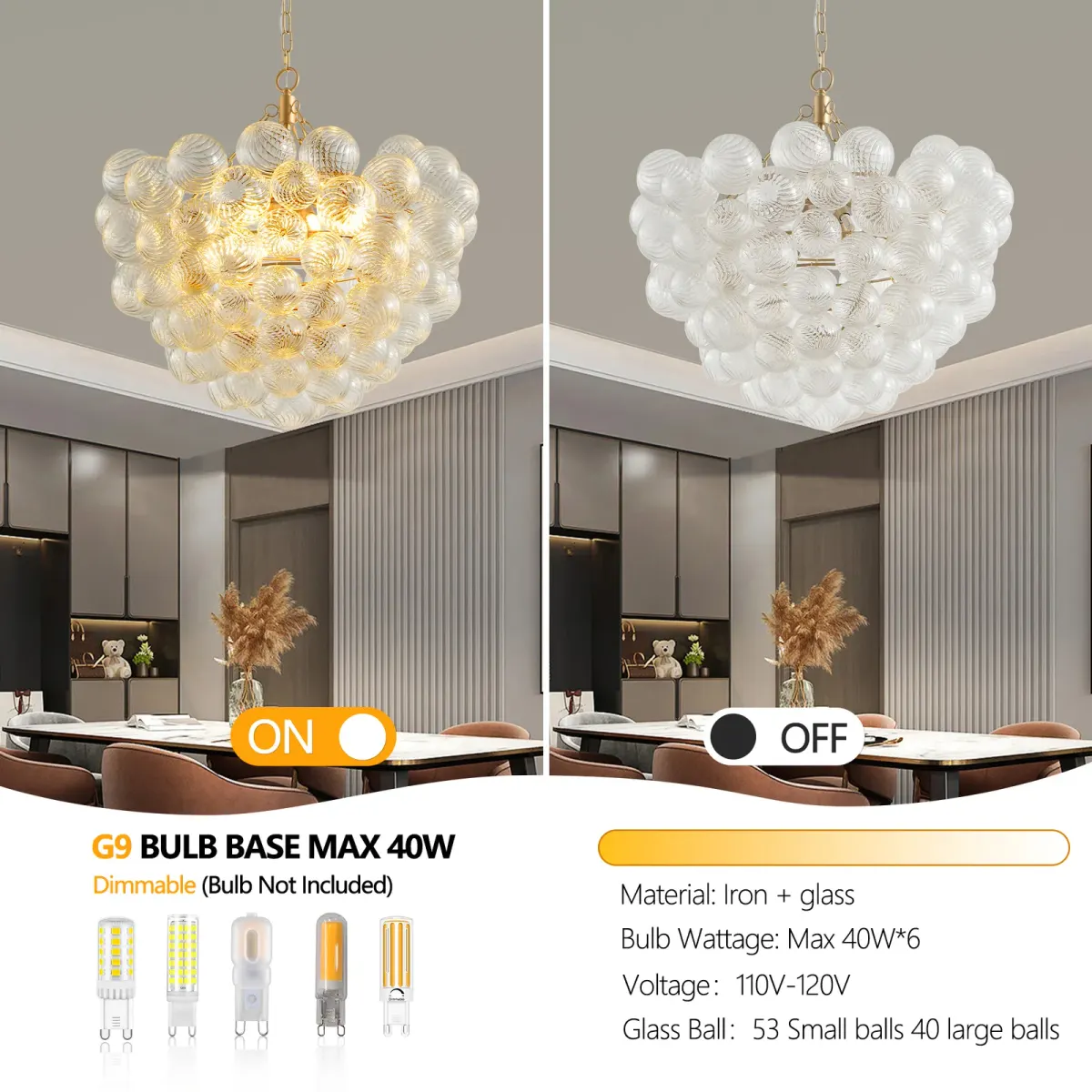 Clear glass glass globe chandelier, 23.6 in, gold, manufacturer image 3