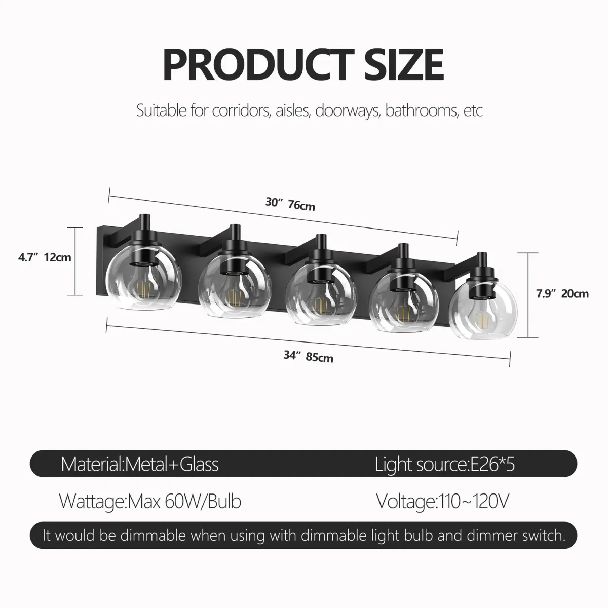 Clear glass vanity bar, 3–6 lights, 19.3–40.6 in, 5 lights, black, dimension drawing 1