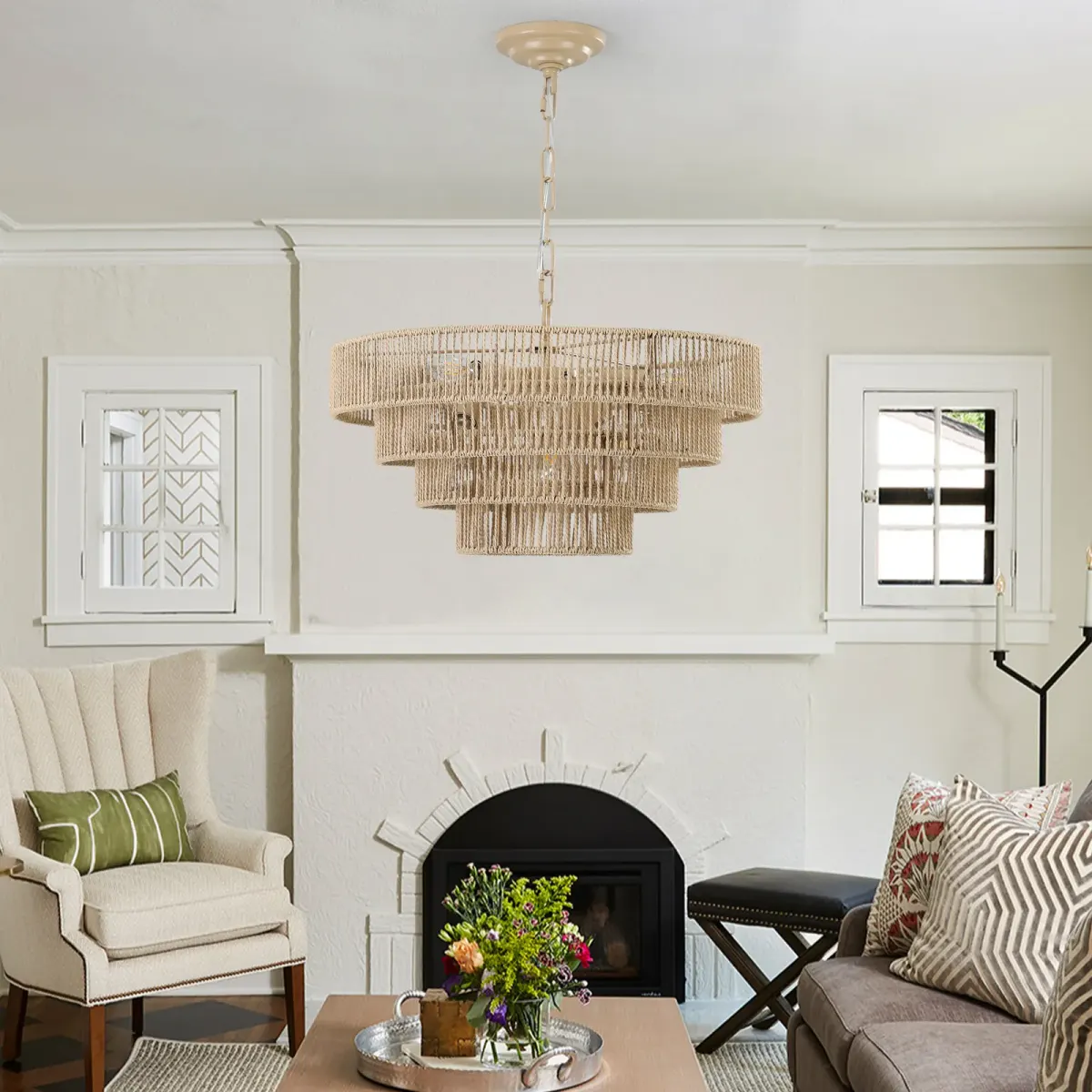 Rope chandelier, 19.7 in, wood, view 6