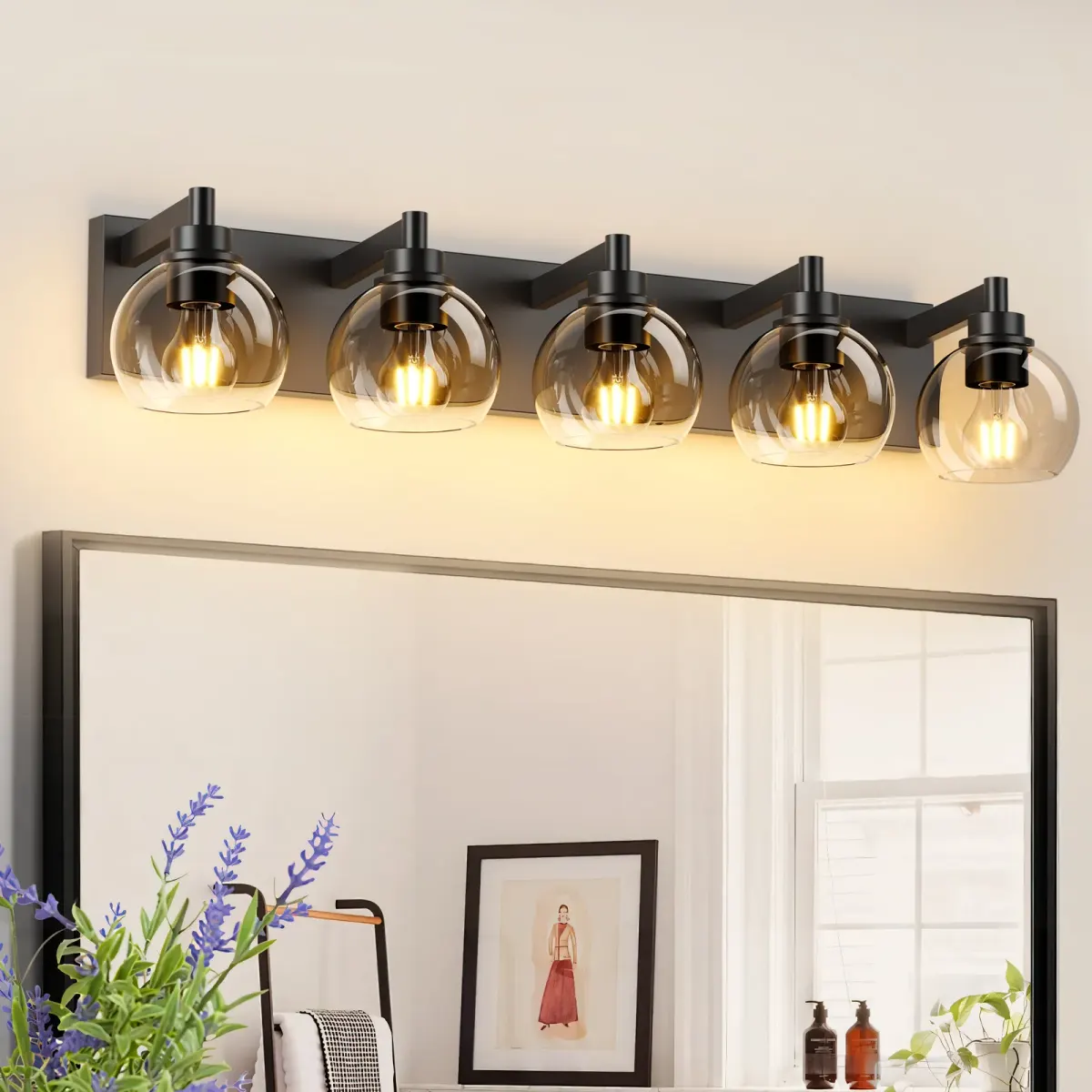 Clear glass vanity bar, 3–6 lights, 19.3–40.6 in, 5 lights, black