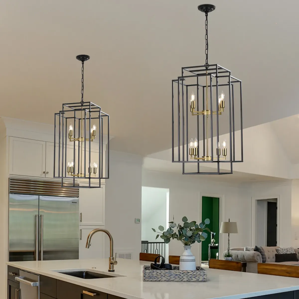 Geometric pendant chandelier, 8 lights, black and gold, view 8