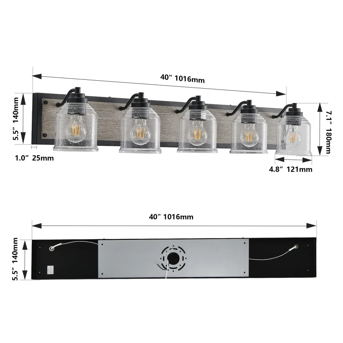 Seeded glass wood vanity bar, 5 lights, black, dimension drawing 2