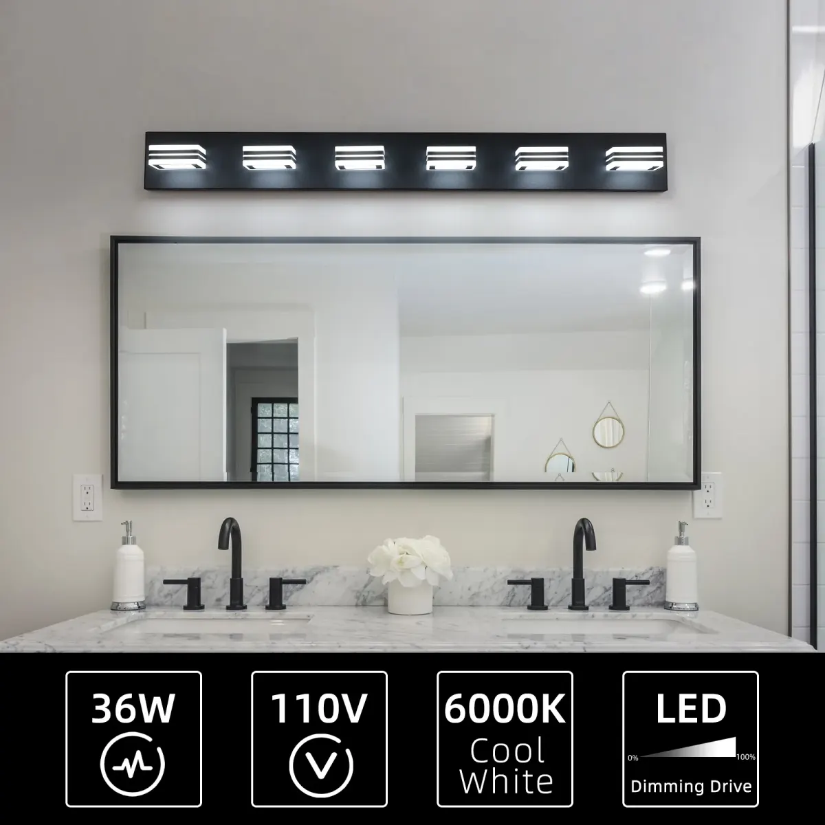 Square acrylic vanity bar, 6 lights, black, view 8