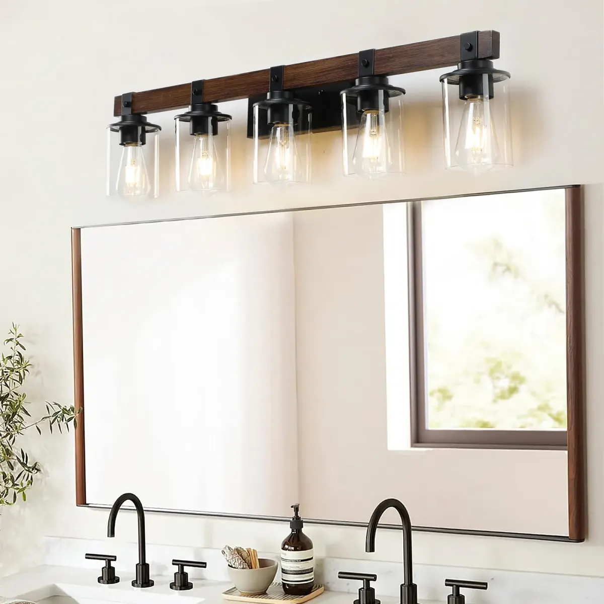 Wood vanity bar, 5 lights, walnut, view 3