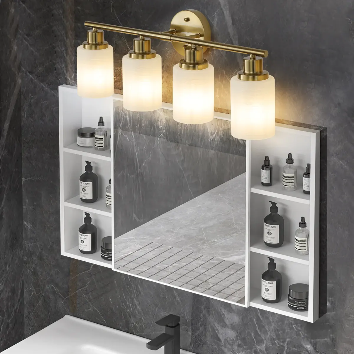 Frosted glass vanity sconce, 4 lights, copper tone, view 5