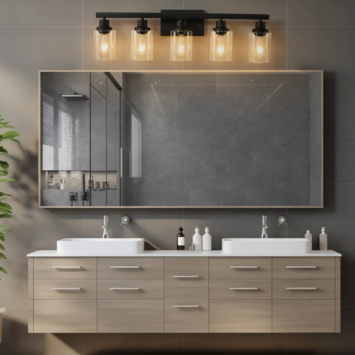 Clear glass vanity bar, 5 lights, black, view 3
