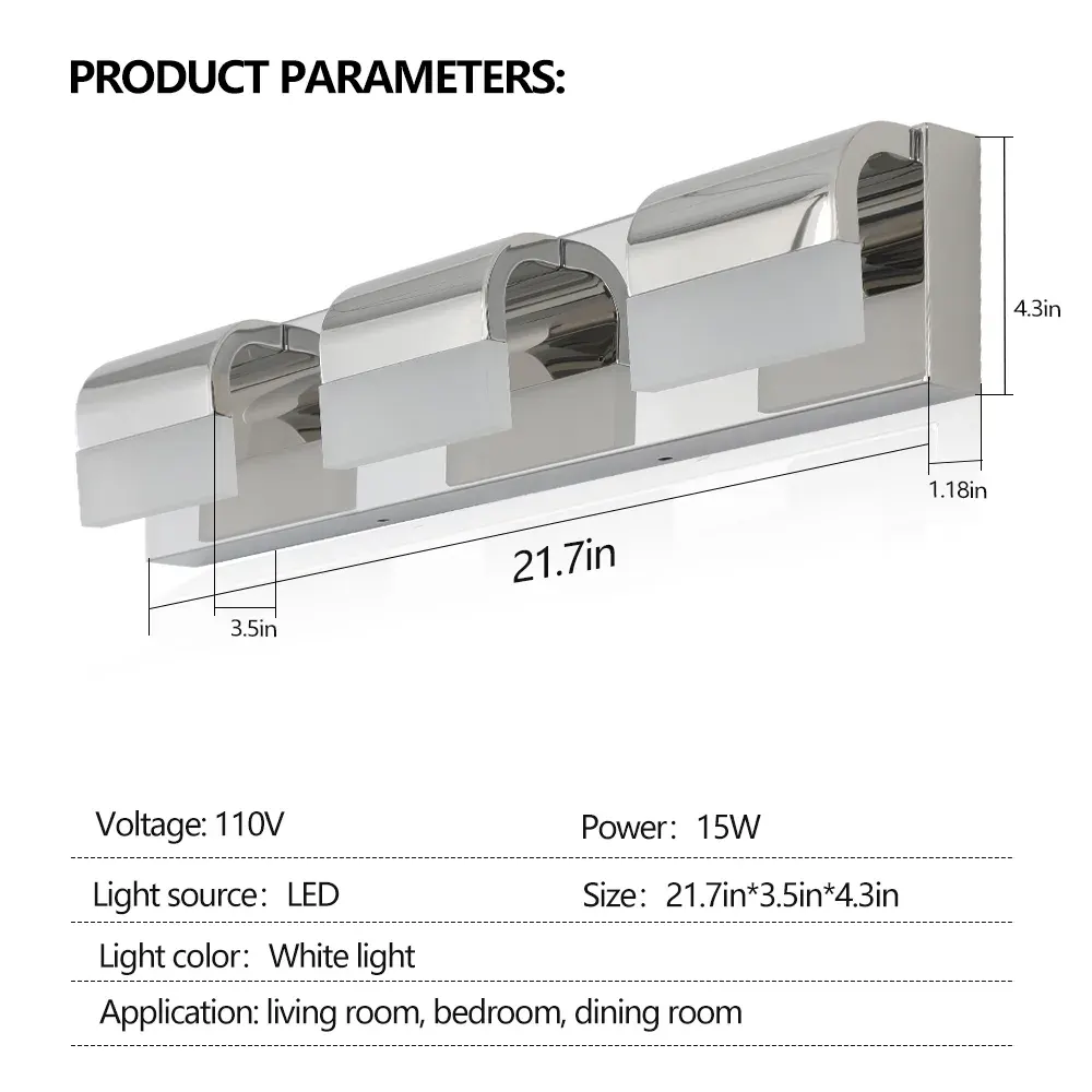 LED vanity bar, 3 lights, chrome, dimension drawing 1