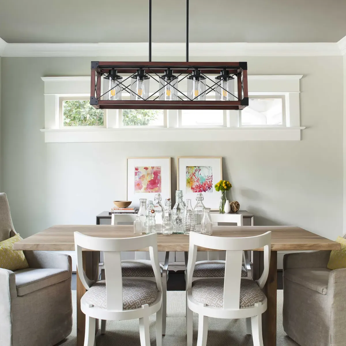 Rectangle pendant chandelier, 5 lights, black,red, view 2