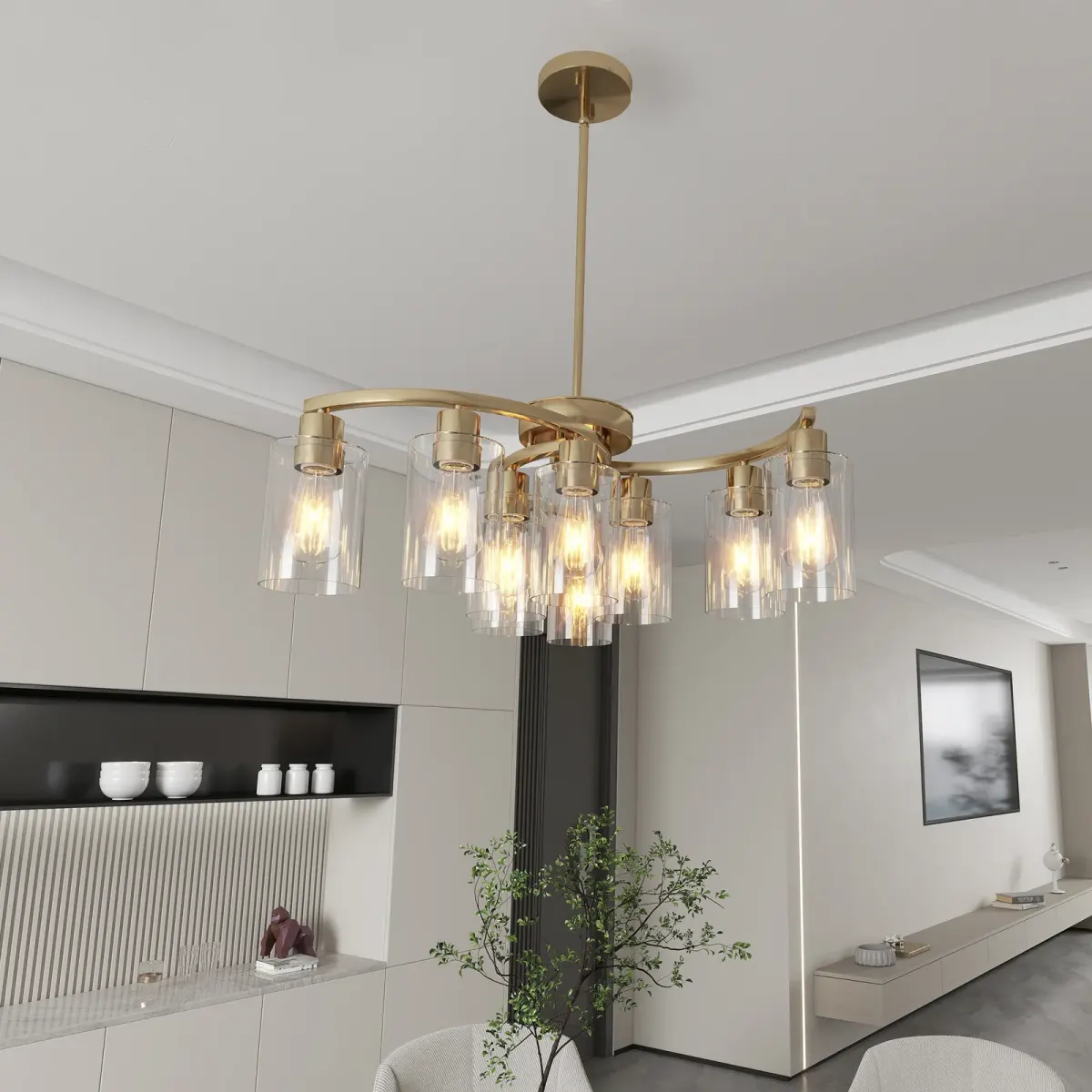 9-light clear glass chandelier, gold