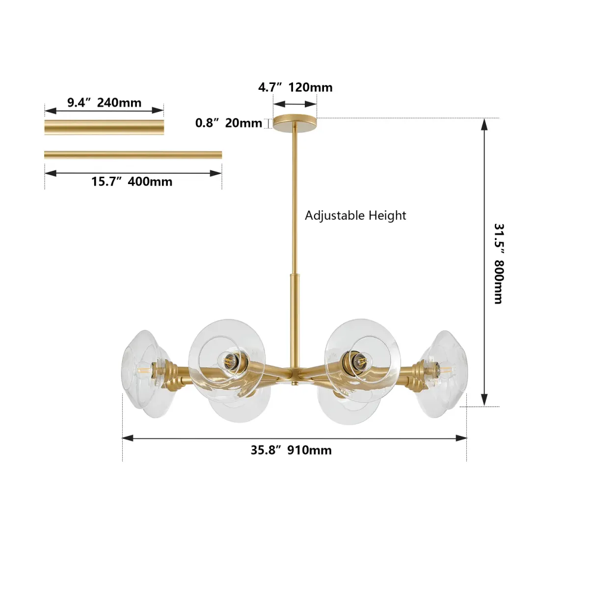 8-light clear glass sputnik chandelier, gold, dimension drawing 2