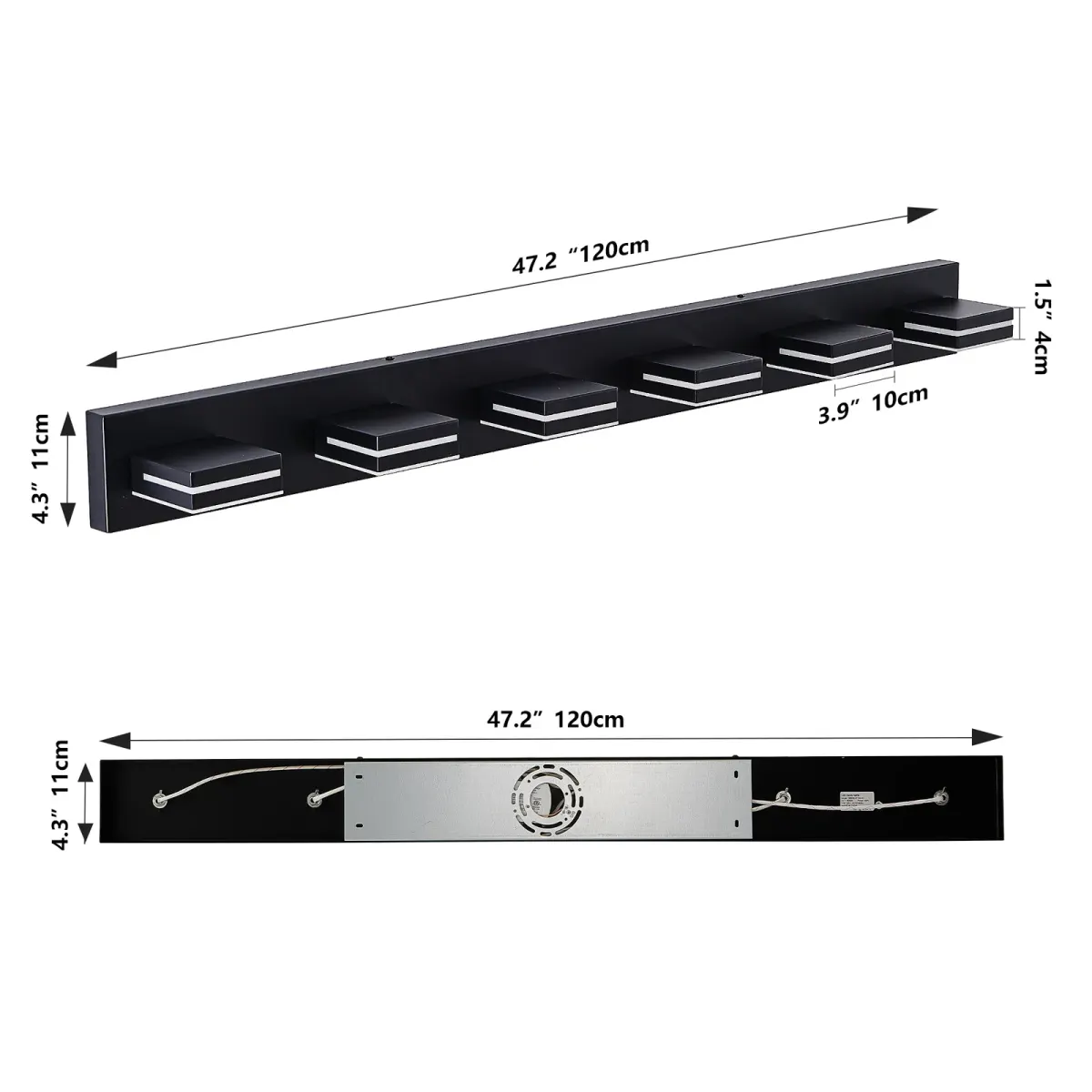 Minimalist LED vanity bar, 6 lights, black, dimension drawing 1