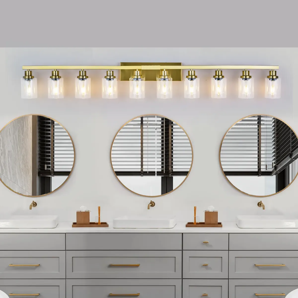 Clear glass vanity bar, 10 lights, gold, view 2