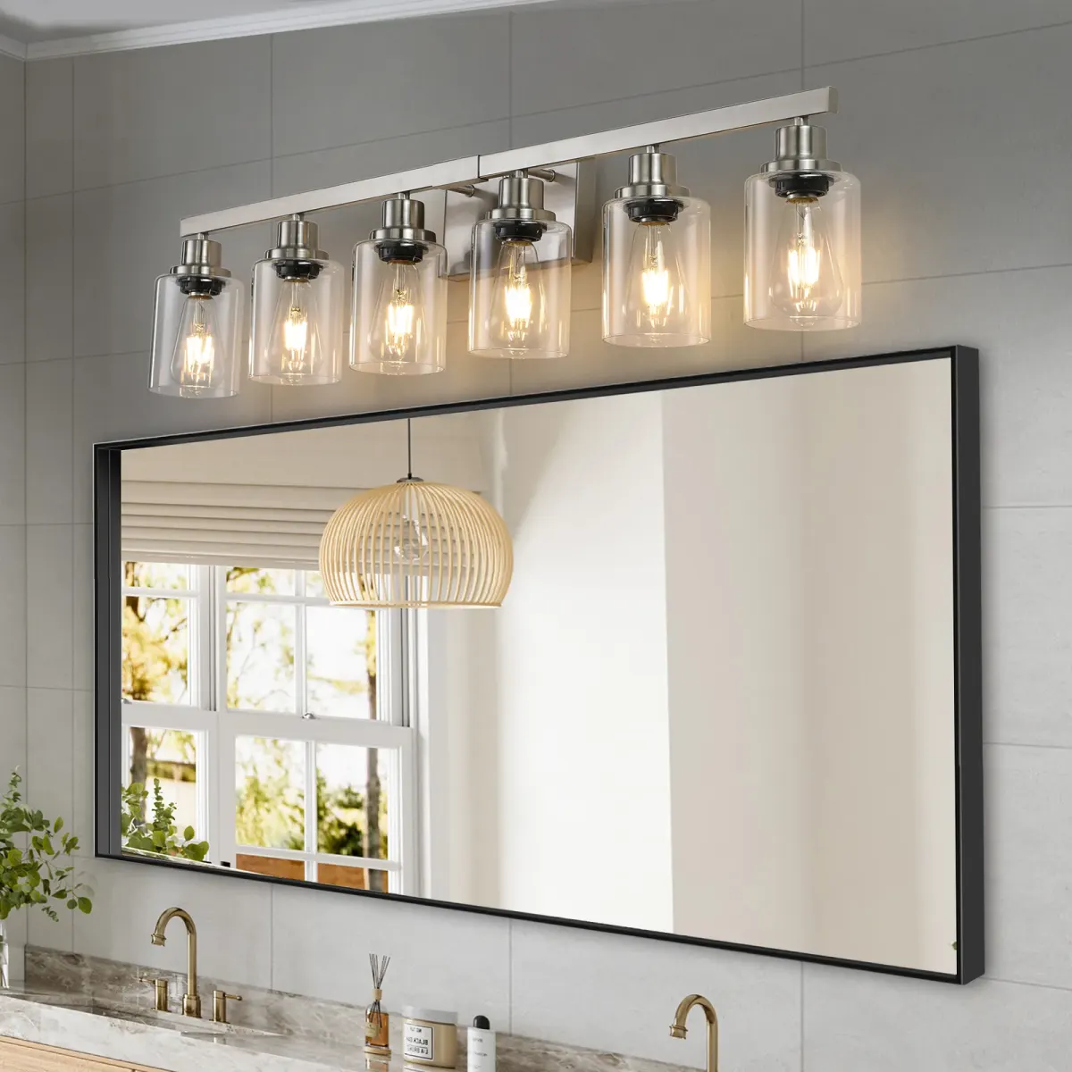 Clear glass vanity bar, 6 lights, chrome