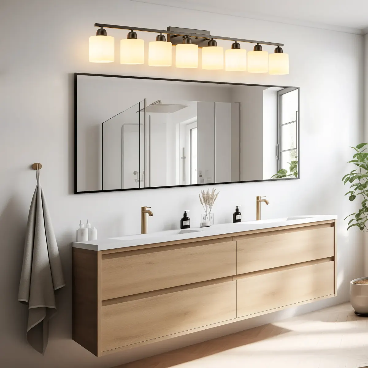 Frosted glass vanity bar, 8 lights, black