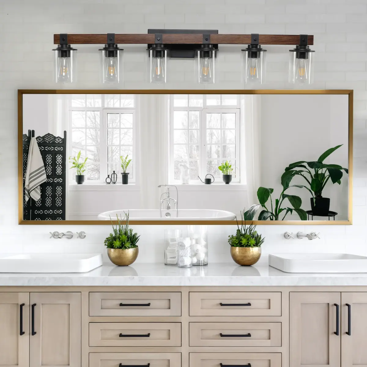 Wood vanity bar, 6 lights, walnut, view 8