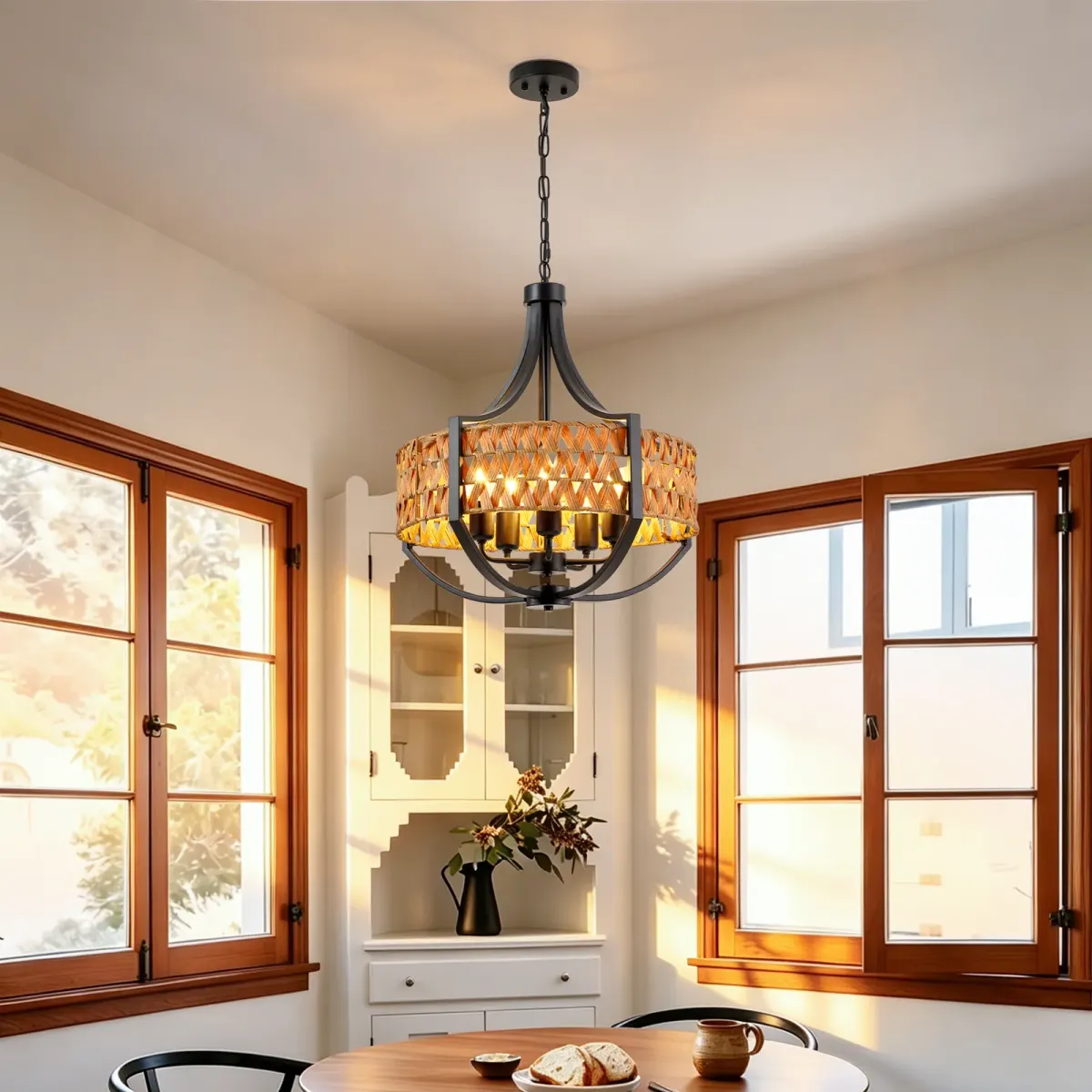 5-light rattan chandelier, black, view 3