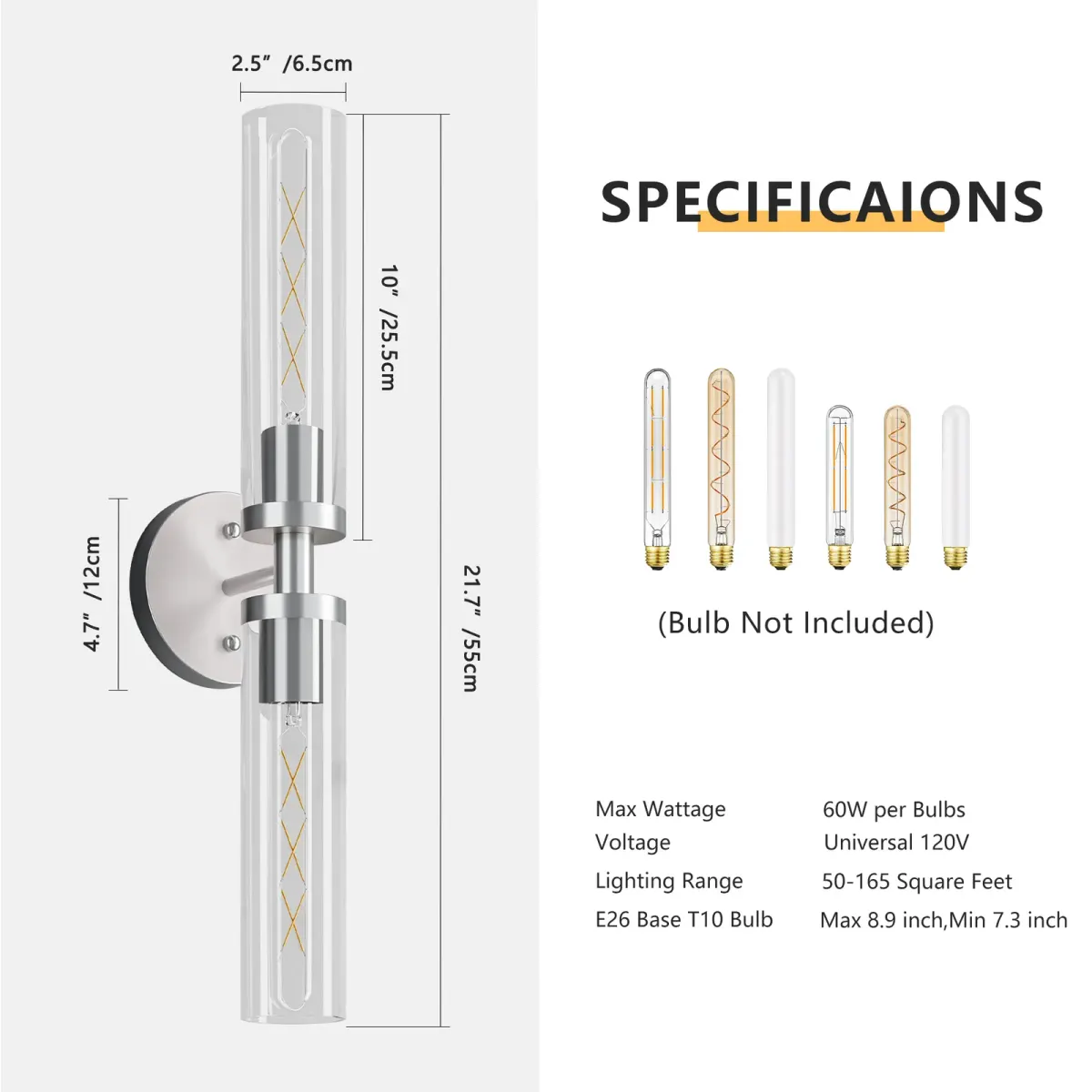 Clear glass wall sconce, 21.7 in, brushed nickel, dimension drawing 1