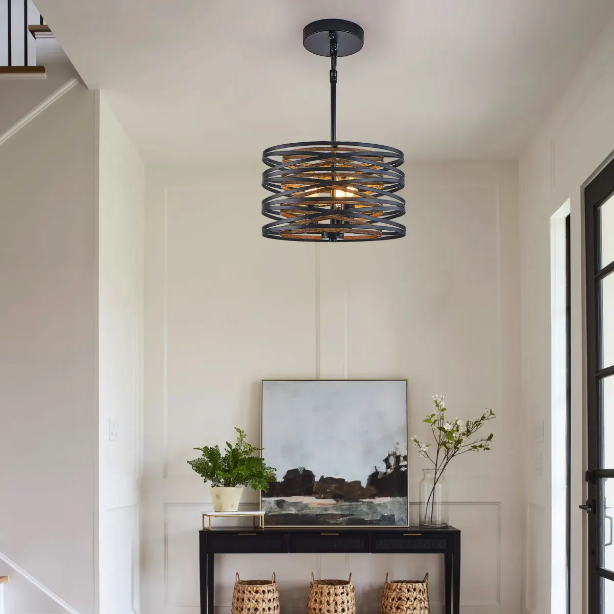 3-light wood cage chandelier, walnut, view 3