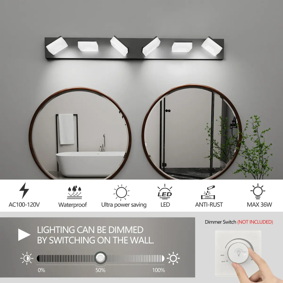Acrylic vanity bar, 3–6 lights, 19.7–39 in, 6 lights, black, manufacturer image 3