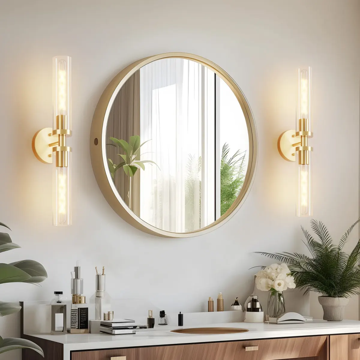 Clear glass wall sconce, 21.7 in, gold, manufacturer image 1