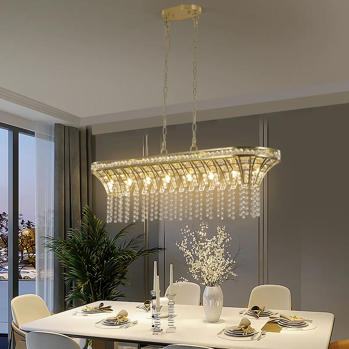 Linear crystal chandelier, gold, manufacturer image 1