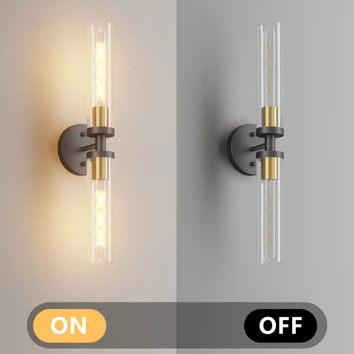 Clear glass wall sconce, 21.7 in, black and gold, view 2