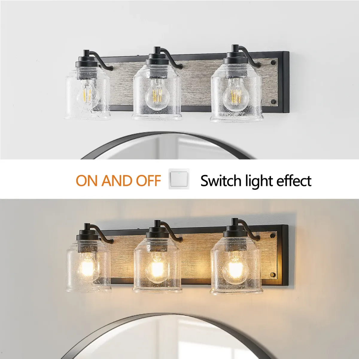 Seeded glass wood vanity bar, 3 lights, black, manufacturer image 1