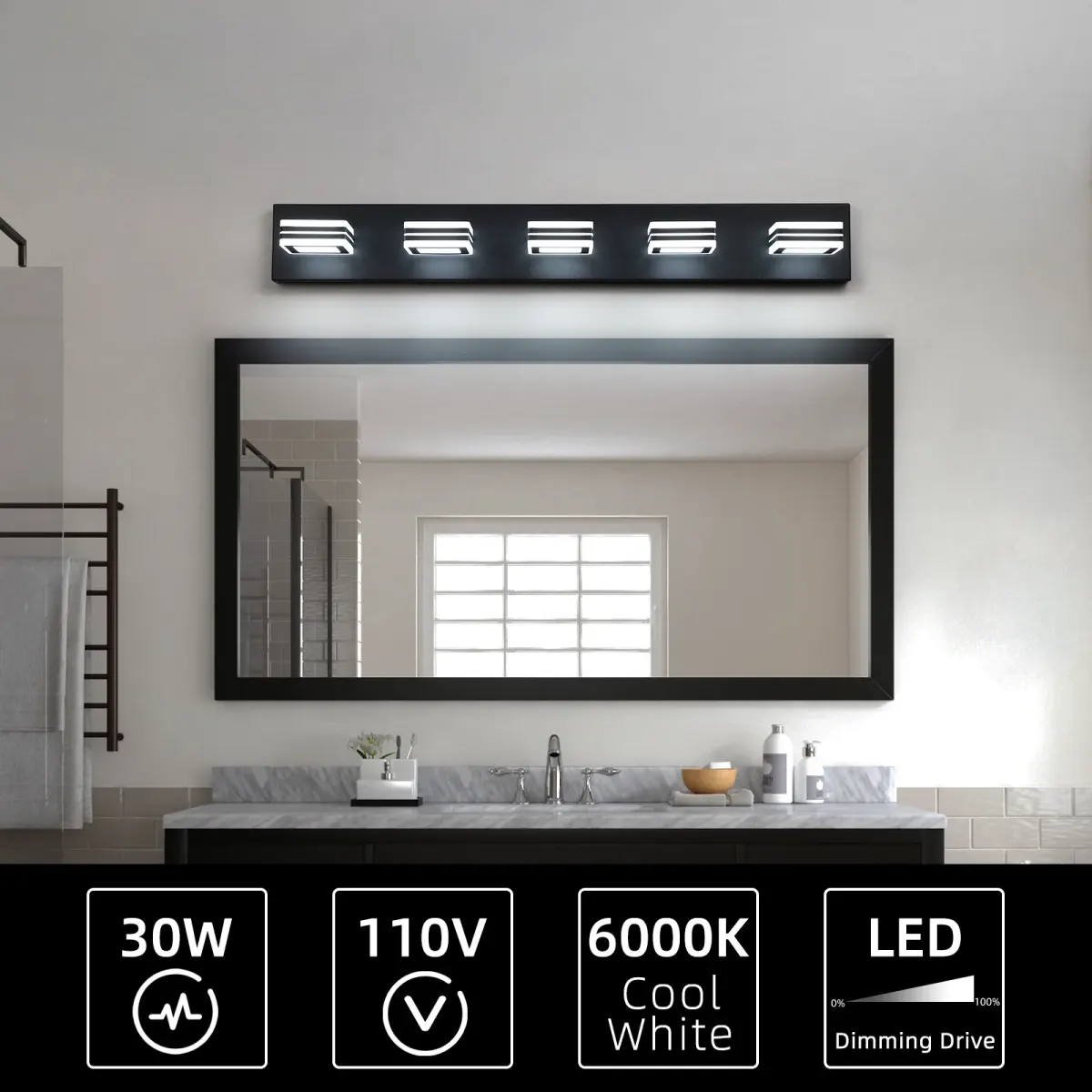 Square acrylic vanity bar, 5 lights, black, view 7