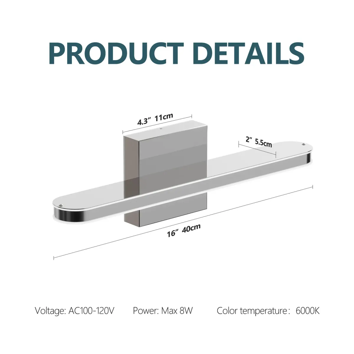 Vanity light, 15.7 in, chrome, manufacturer image 3