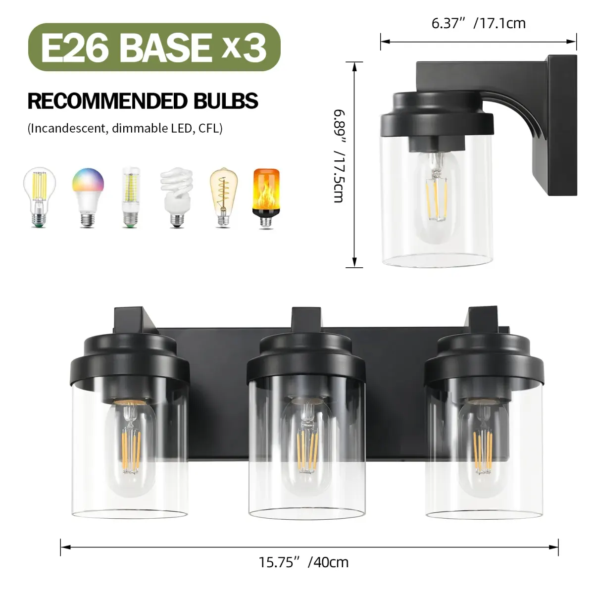 Clear glass vanity bar Z001003, 3 lights, black, dimension drawing 1