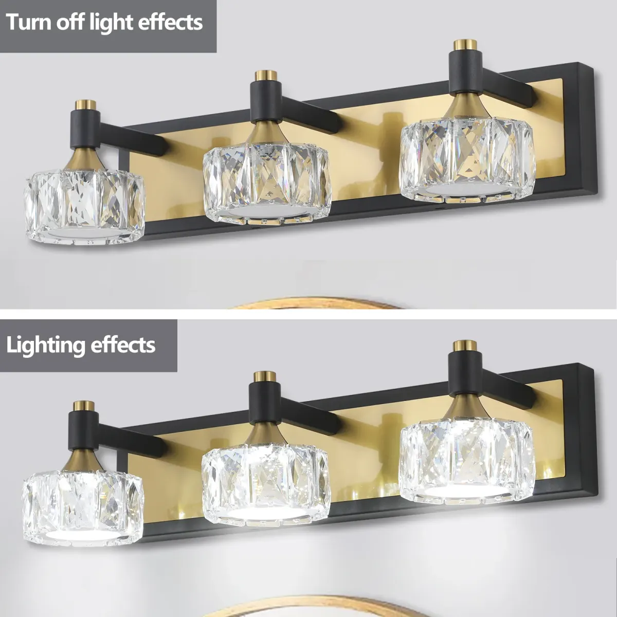 3-light crystal vanity light, yellow brown, view 3
