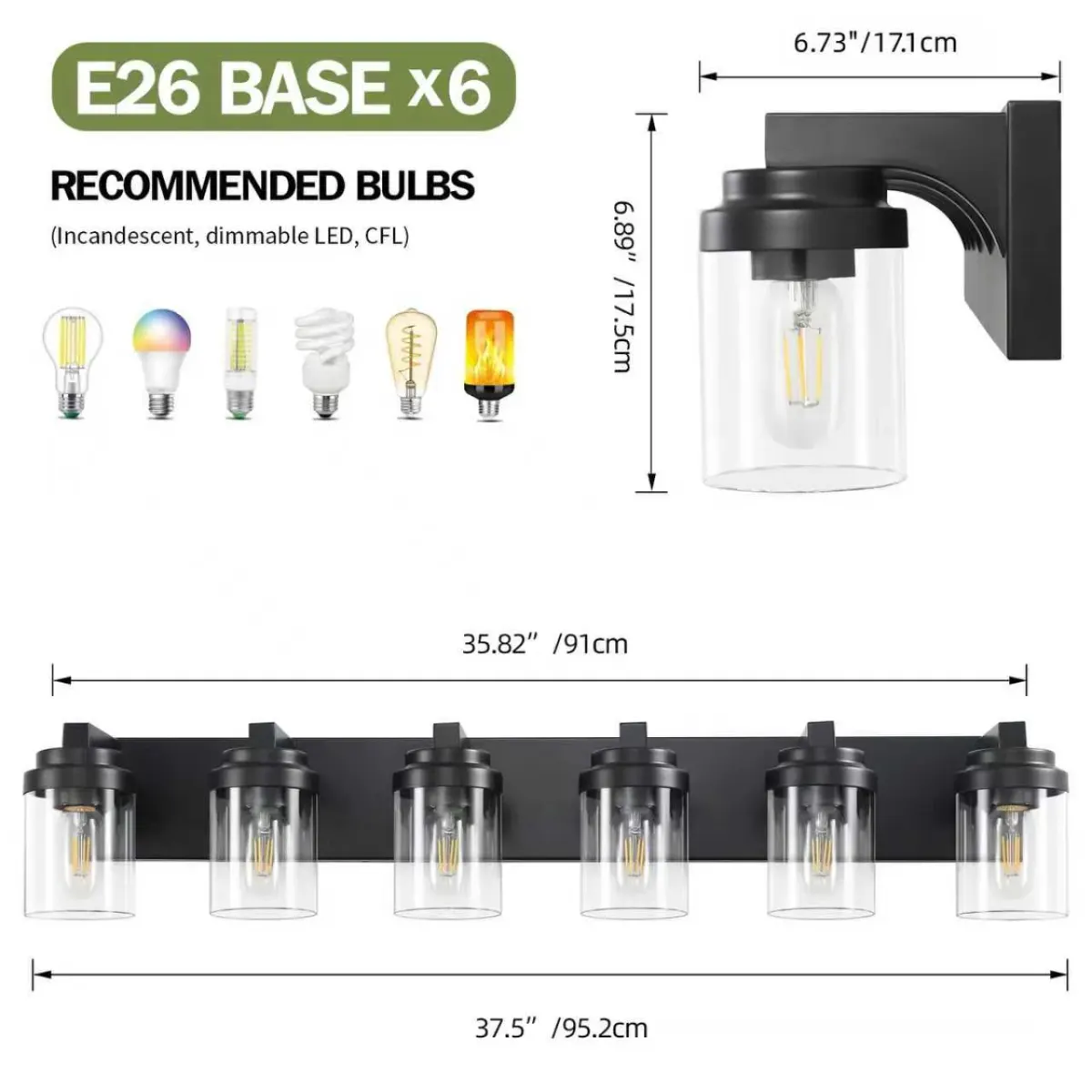 Clear glass vanity bar Z001003, 6 lights, black, dimension drawing 1