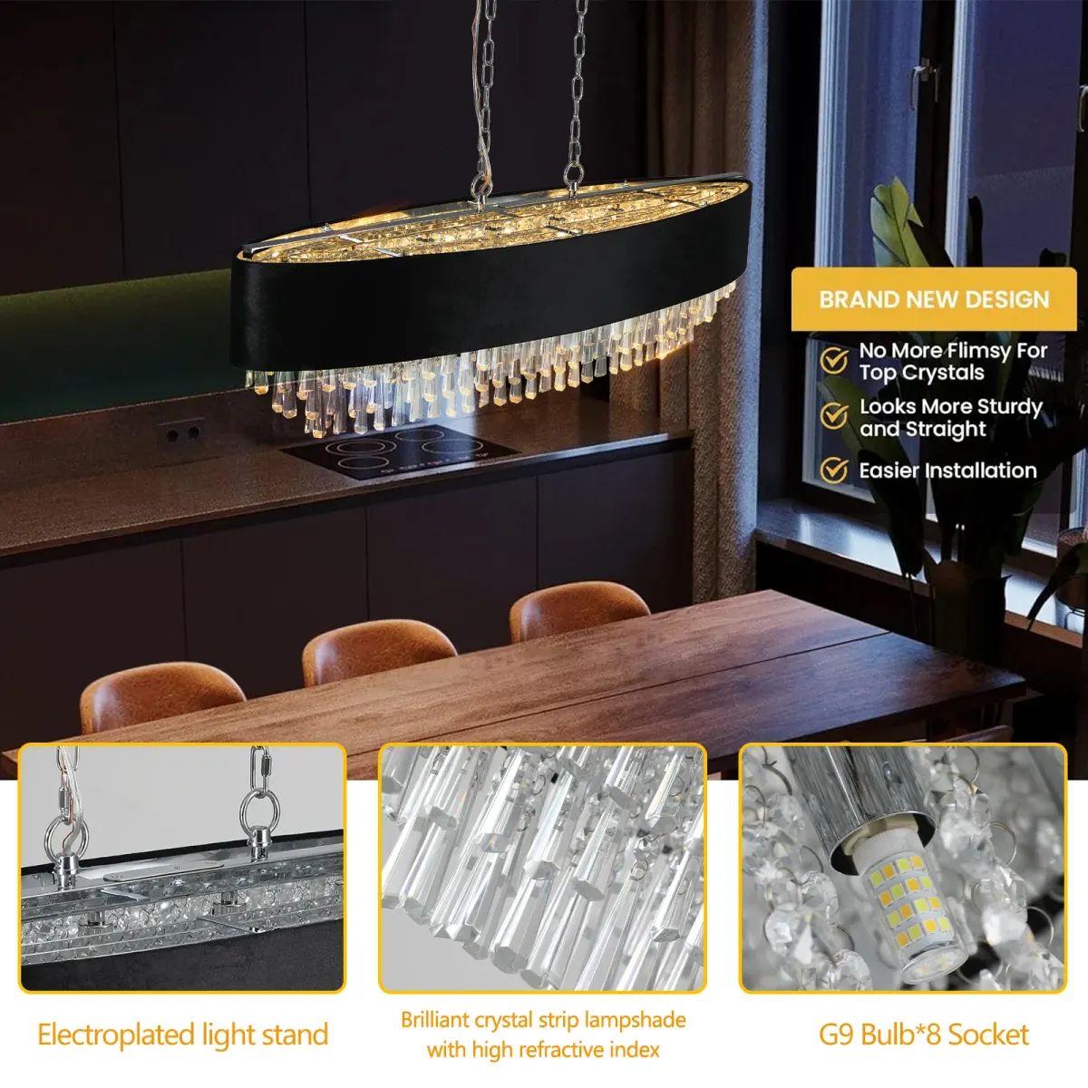 8-light crystal chandelier, black,chrome,transparent, manufacturer image 1