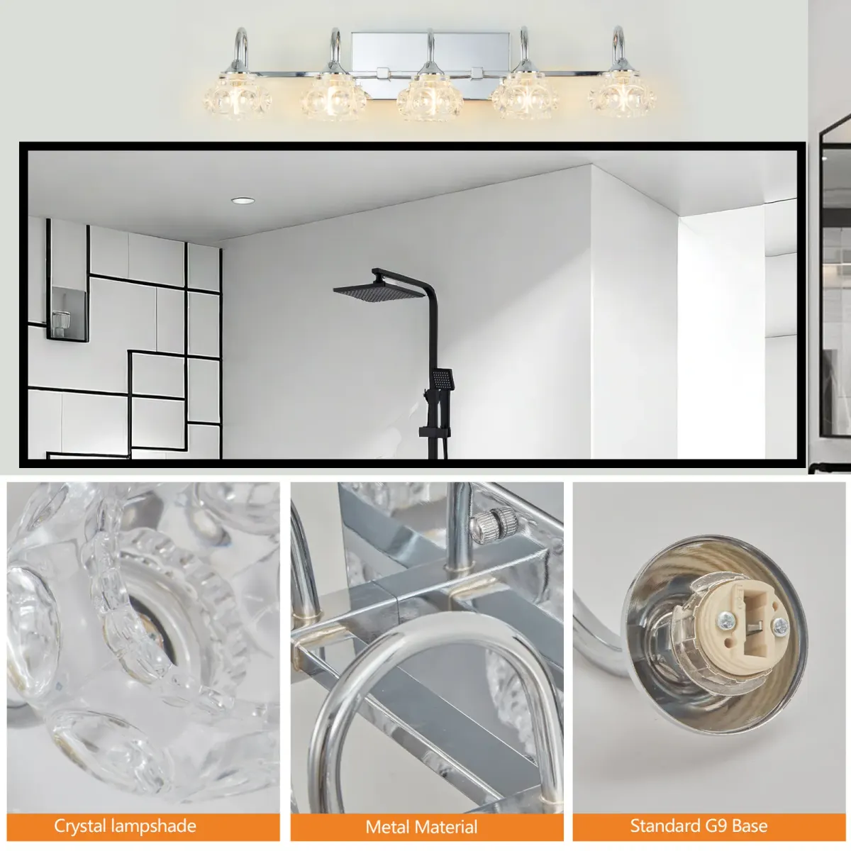 Crystal glass vanity bar, 5 lights, chrome, view 4