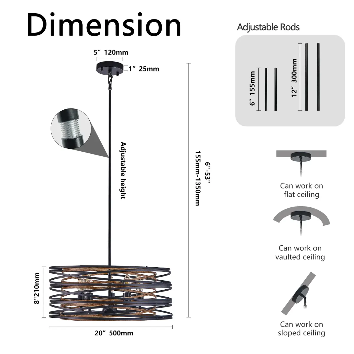 5-light wood cage chandelier, walnut, dimension drawing 2